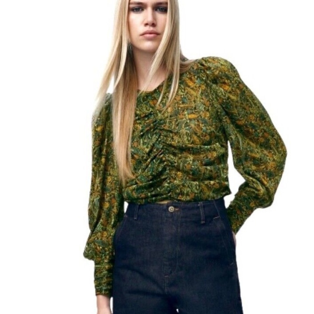 ZARA | ruched chiffon metallic thread blouse